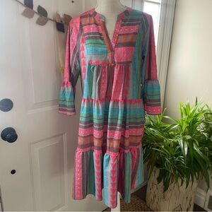 Summer Aztec Print Tiered 3/4 Sleeve V-Neck Women's Dress (Size M)